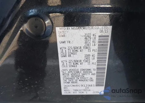 2015 Nissan Rogue Sl from USA, damaged, VIN 5N1AT2MV4FC912985